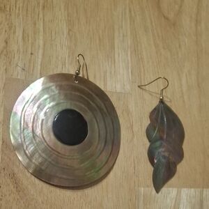 Iridescent Mismatched Shell Earrings with Leaf Drop